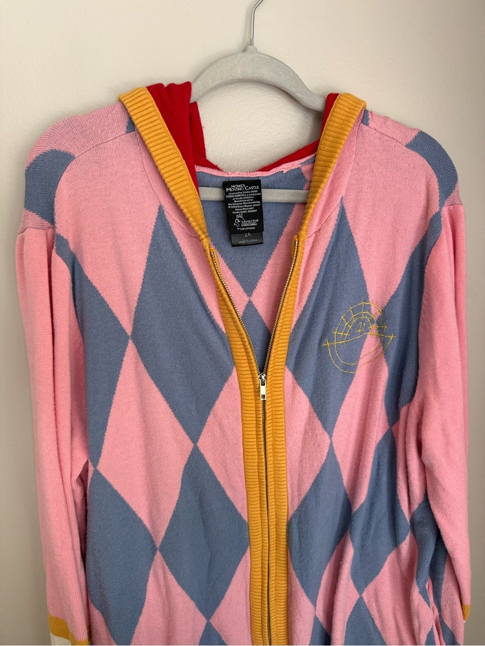 Women’s Pink & Blue Diamond Zip Hoodie with Yellow Trim- Howl’s Moving Castle
